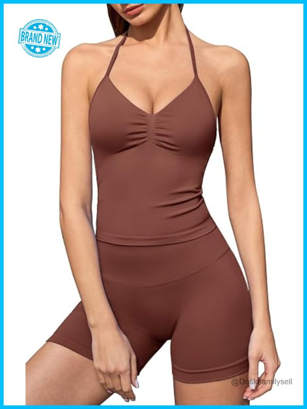 Workout Sets 2 Piece Ribbed Padded Halter Tank Top High Waist Booty Shorts Yoga